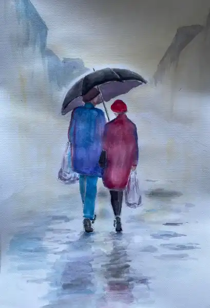 Rainy Day Shopping watercolour